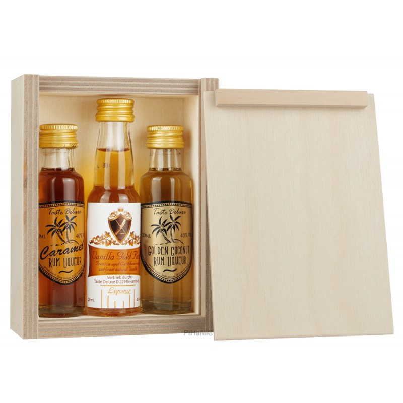 Taste Deluxe Miniset Caramel Vanilla Gold und Golden Coconut Rum in Holzbox 40% Vol. 3 x 0,02 Liter