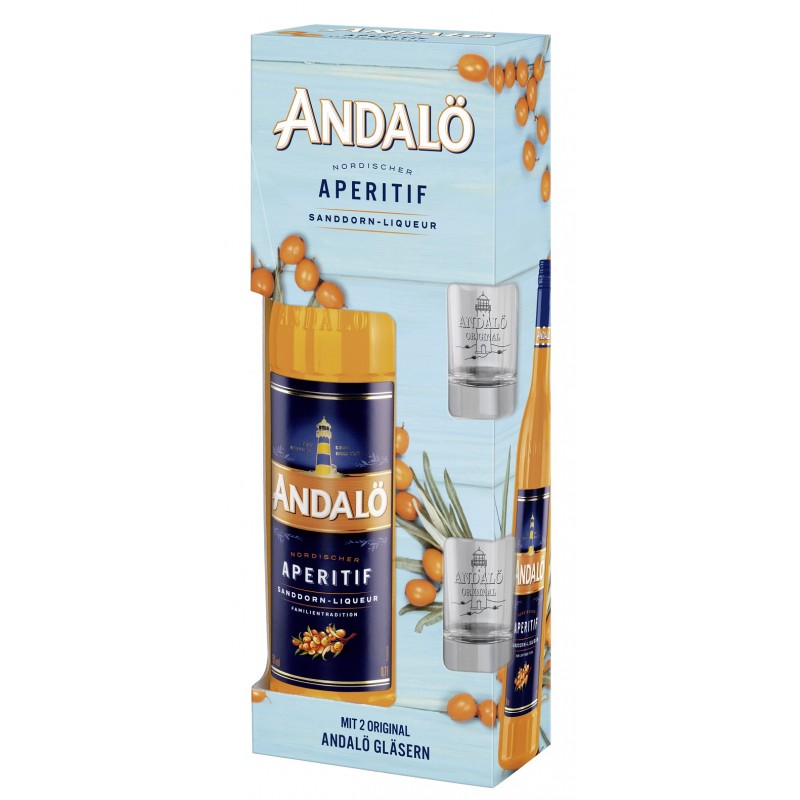 Andalö Original Sanddorn Liqueur 0,7 Liter Geschenkset mit 2 Gläsern bei Premium-Rum.de